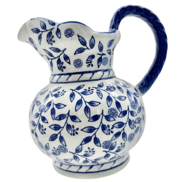 Ceramic Pitcher Vase Blue and White Floral Scalloped Edge Braided Handle 7.5" H - Picture 3 of 7